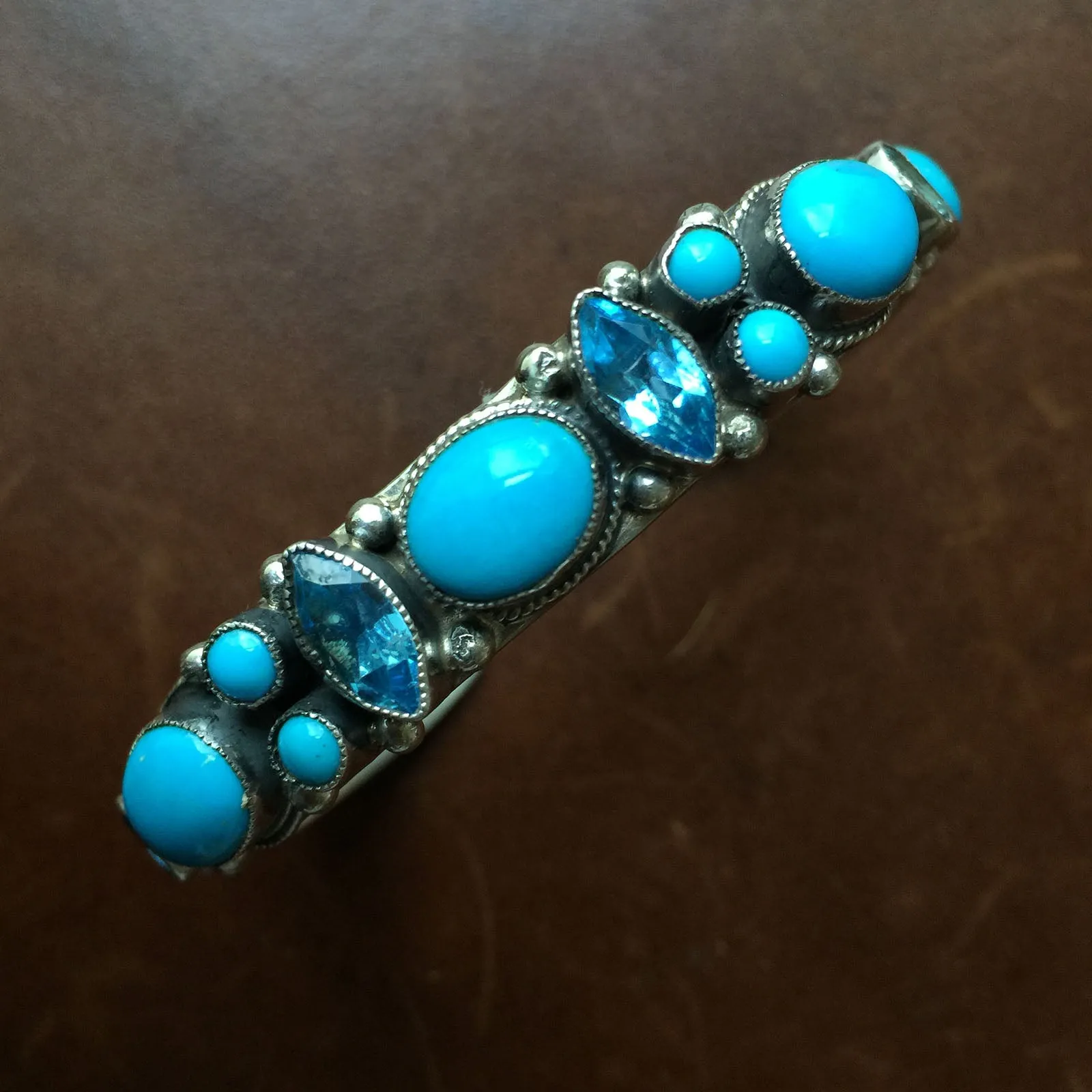 Natural Carico Lake with Blue Topaz Bangle Bracelet Signed Leo Feeney