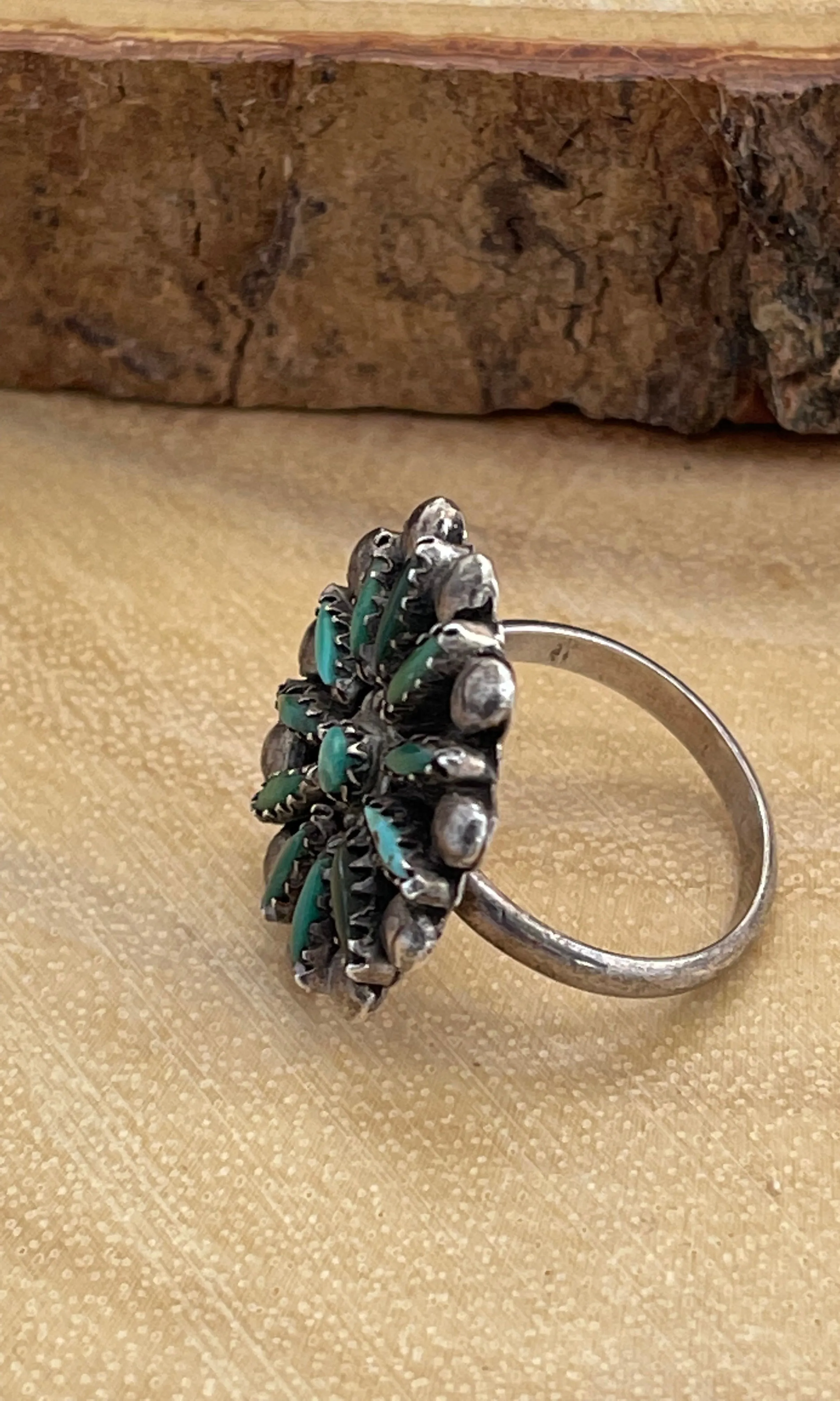 NEEDLEPOINT Zuni Cluster 30s - 50s Turquoise & Silver Ring, Size 8