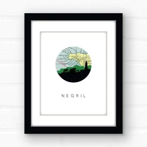 Negril city skyline with vintage Negril map