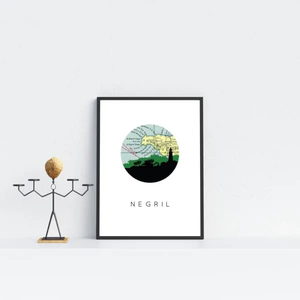 Negril city skyline with vintage Negril map