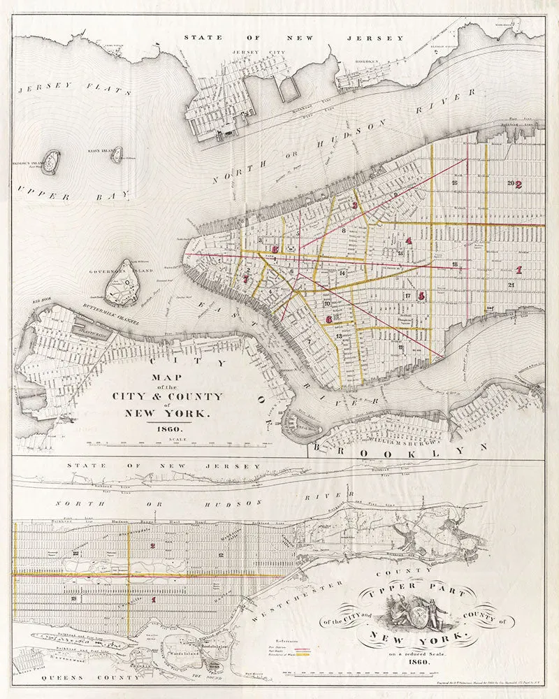 New York City and County - Map with Fire Districts - 1860