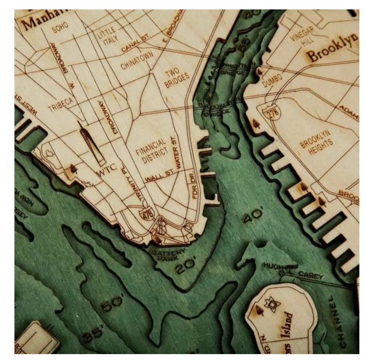 New York: Nautical Wood Map: Manhattan