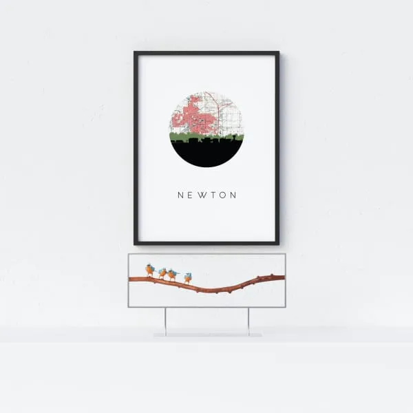 Newton, Kansas city skyline with vintage Newton map