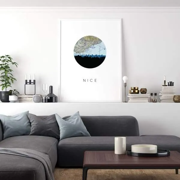 Nice, France city skyline with vintage Nice map