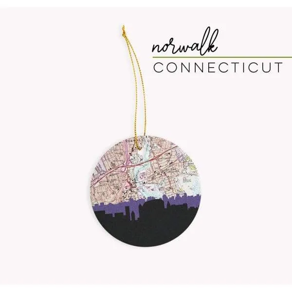 Norwalk, Connecticut city skyline with vintage Norwalk map