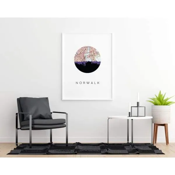 Norwalk, Connecticut city skyline with vintage Norwalk map