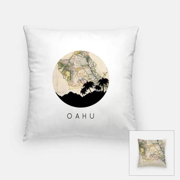 Oahu, Hawaii city skyline with vintage Oahu map