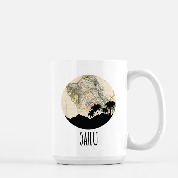 Oahu, Hawaii city skyline with vintage Oahu map
