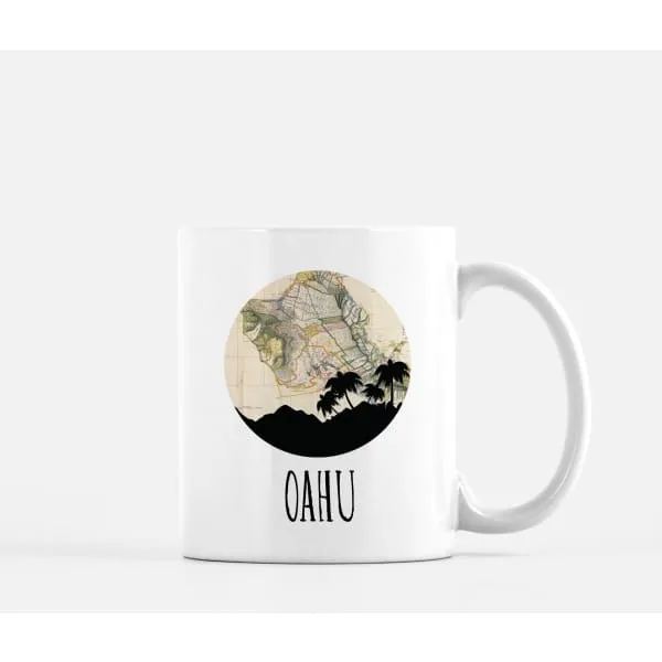 Oahu, Hawaii city skyline with vintage Oahu map