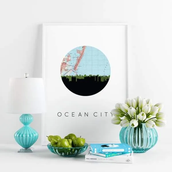 Ocean City, Maryland city skyline with vintage Ocean City map