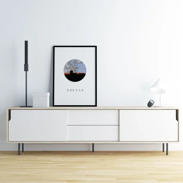 Odessa city skyline with vintage Odessa map