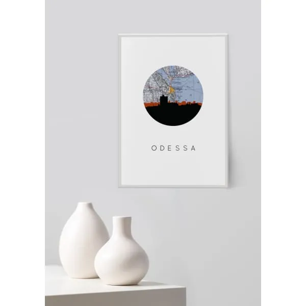 Odessa city skyline with vintage Odessa map