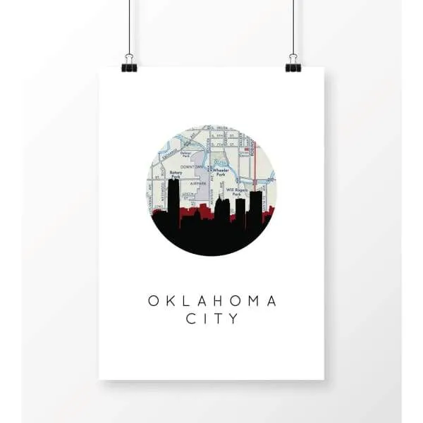 Oklahoma City, Oklahoma city skyline with vintage Oklahoma City map