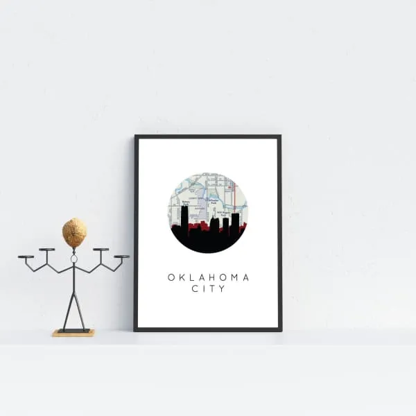 Oklahoma City, Oklahoma city skyline with vintage Oklahoma City map
