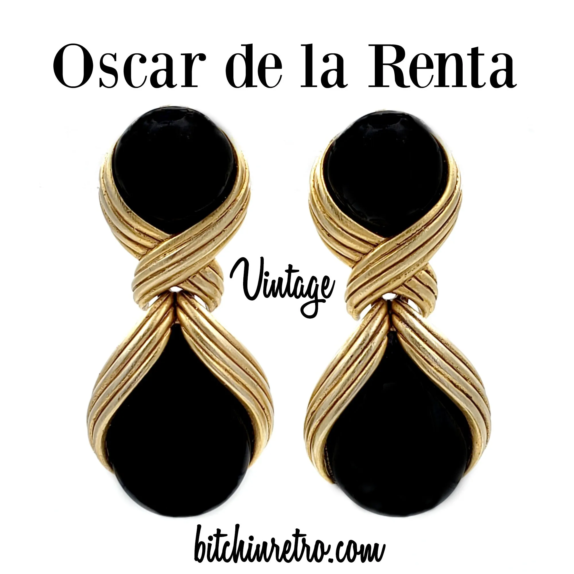 Oscar de la Renta Vintage Articulated Drop Earrings With Black Cabochons