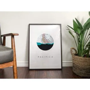 Pacifica, California city skyline with vintage Pacifica map