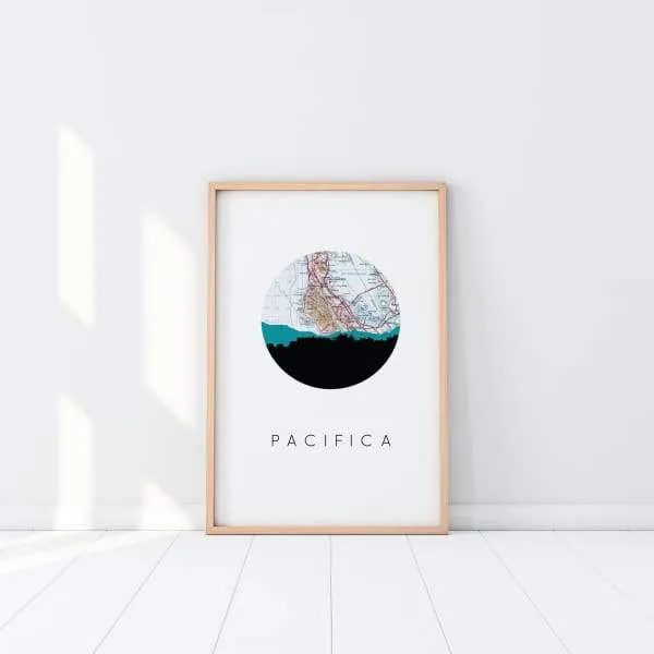 Pacifica, California city skyline with vintage Pacifica map