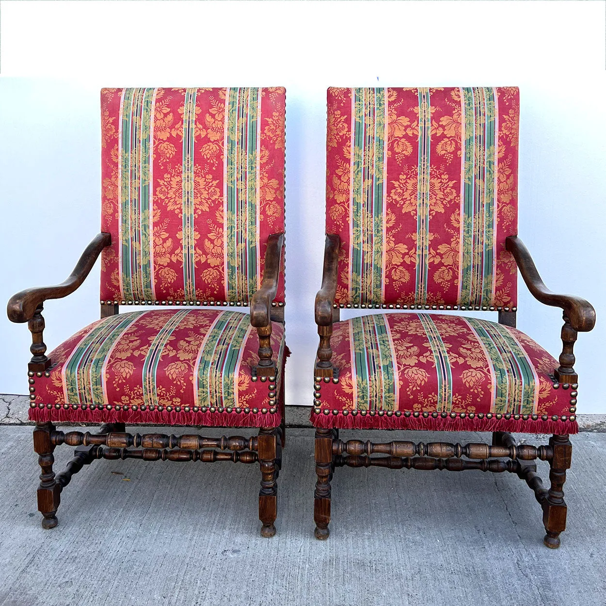 Pair of French Baroque Style Walnut Upholstered Fauteuil Armchairs