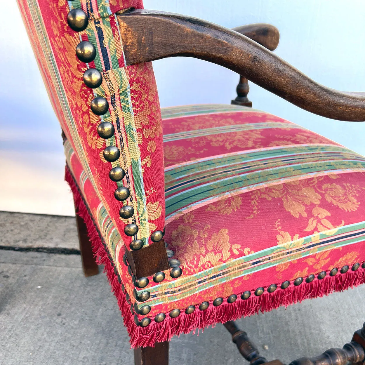 Pair of French Baroque Style Walnut Upholstered Fauteuil Armchairs