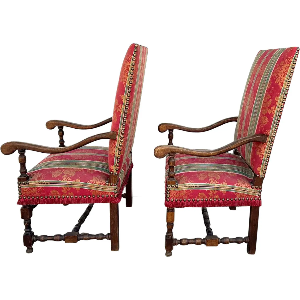 Pair of French Baroque Style Walnut Upholstered Fauteuil Armchairs