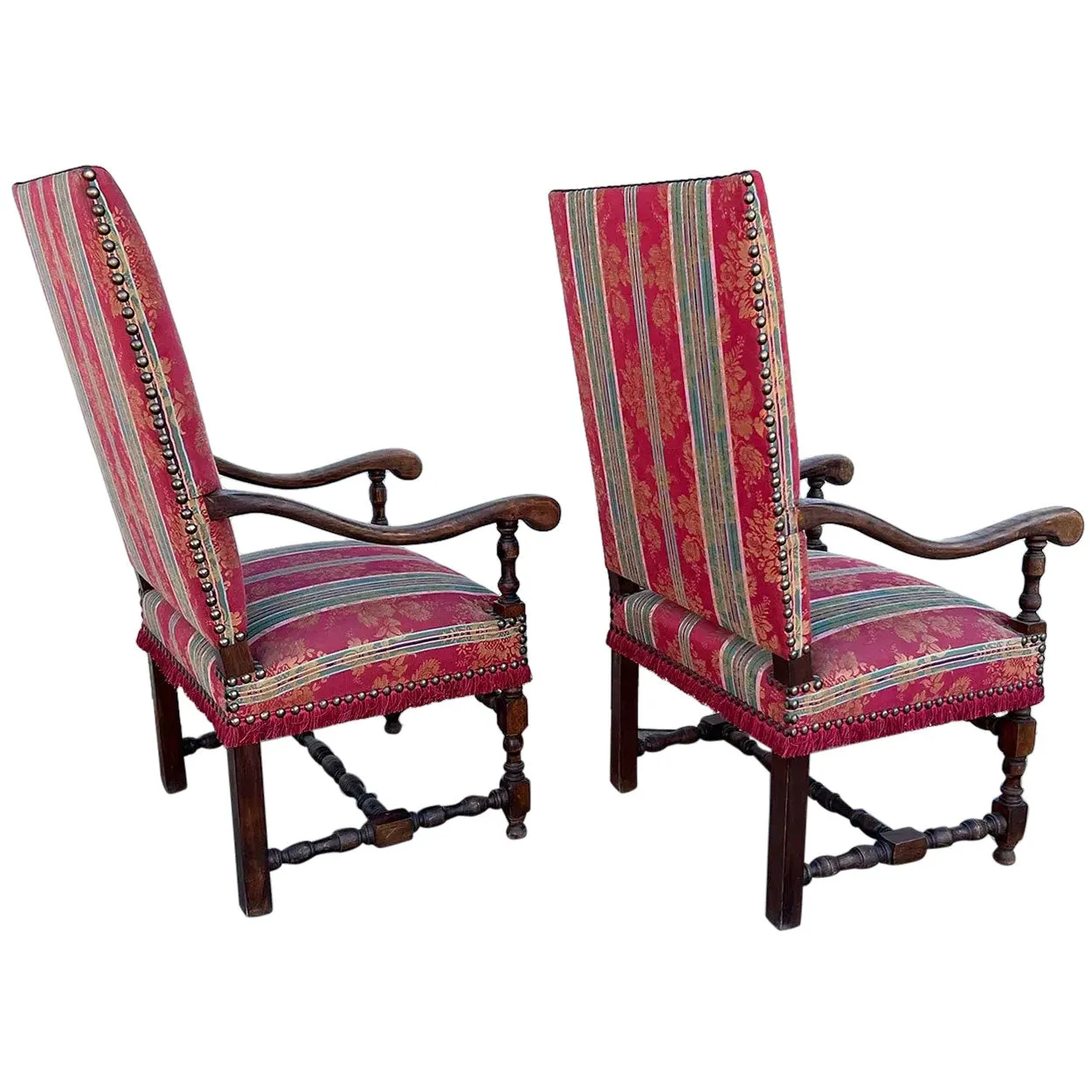 Pair of French Baroque Style Walnut Upholstered Fauteuil Armchairs