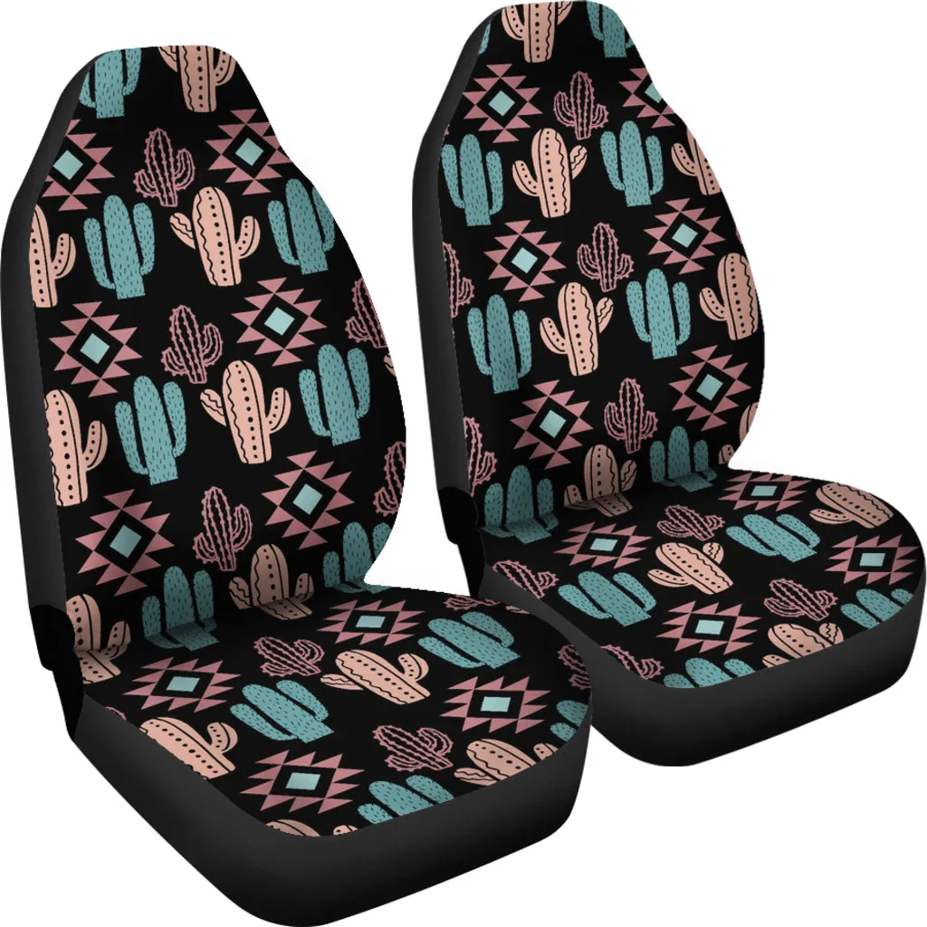 Pastel Turquoise and Rose Cactus Boho Pattern on Black Car Seat Covers Set of 2
