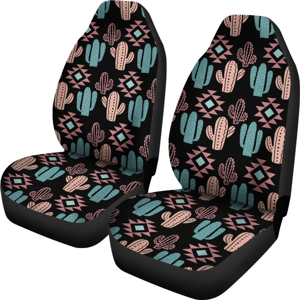 Pastel Turquoise and Rose Cactus Boho Pattern on Black Car Seat Covers Set of 2
