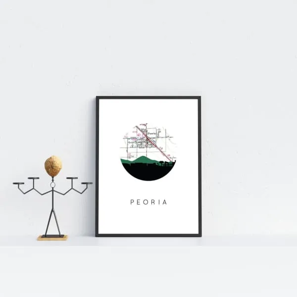 Peoria, Arizona city skyline with vintage Peoria, Arizona map