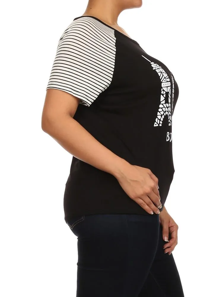 Plus Size Bonjour Striped Sleeves Top