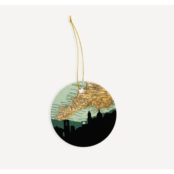 Praiano city skyline with vintage Praiano map