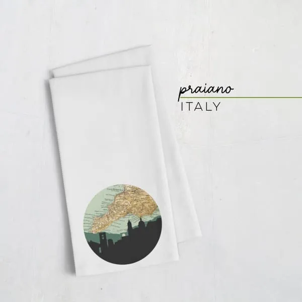 Praiano city skyline with vintage Praiano map