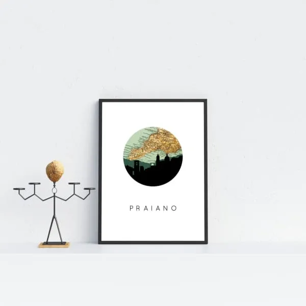 Praiano city skyline with vintage Praiano map