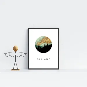Praiano city skyline with vintage Praiano map
