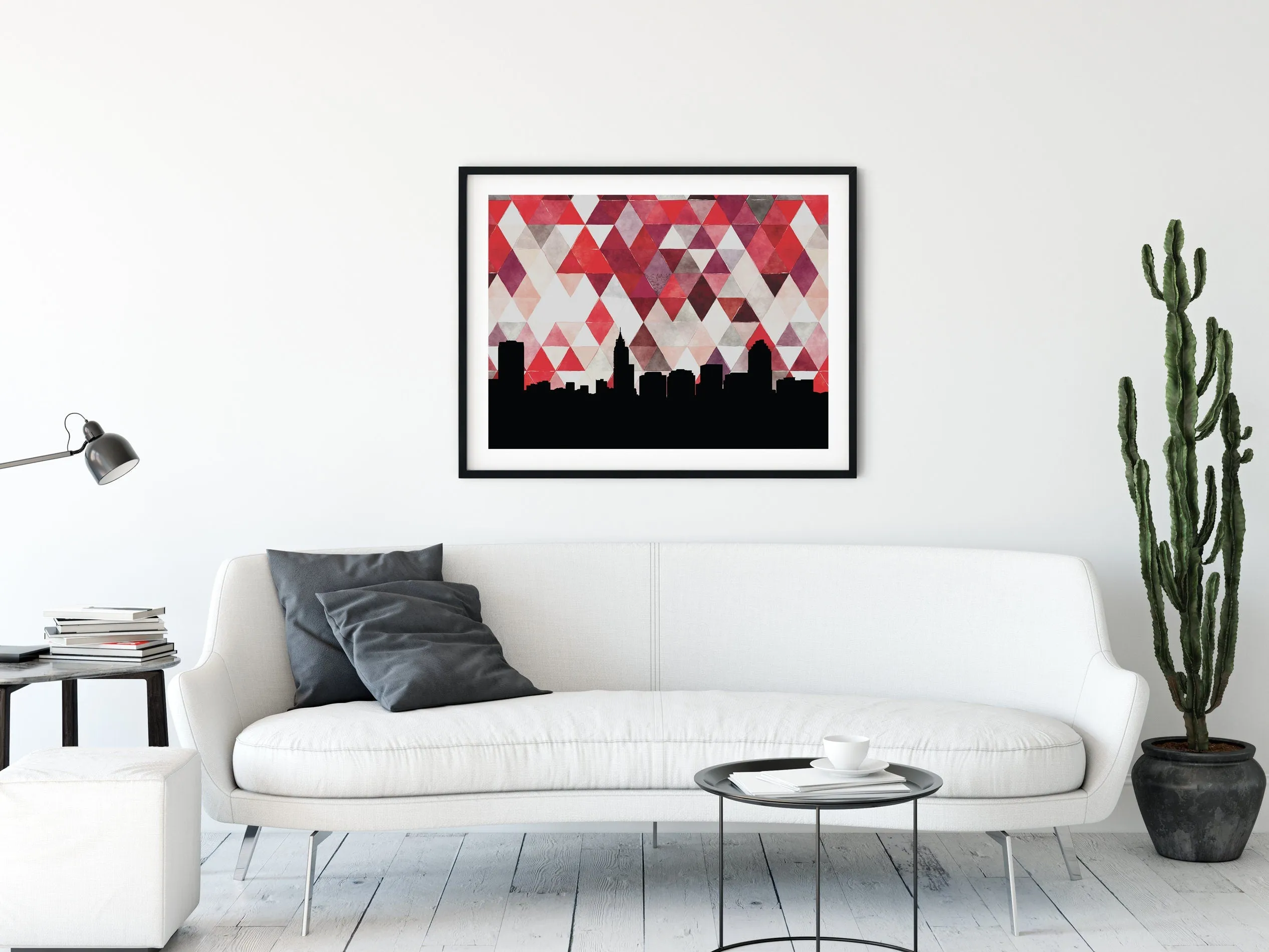 Raleigh NC Skyline Art Print: Red & White Geometric Background, Multiple Sizes and Framing Options Available