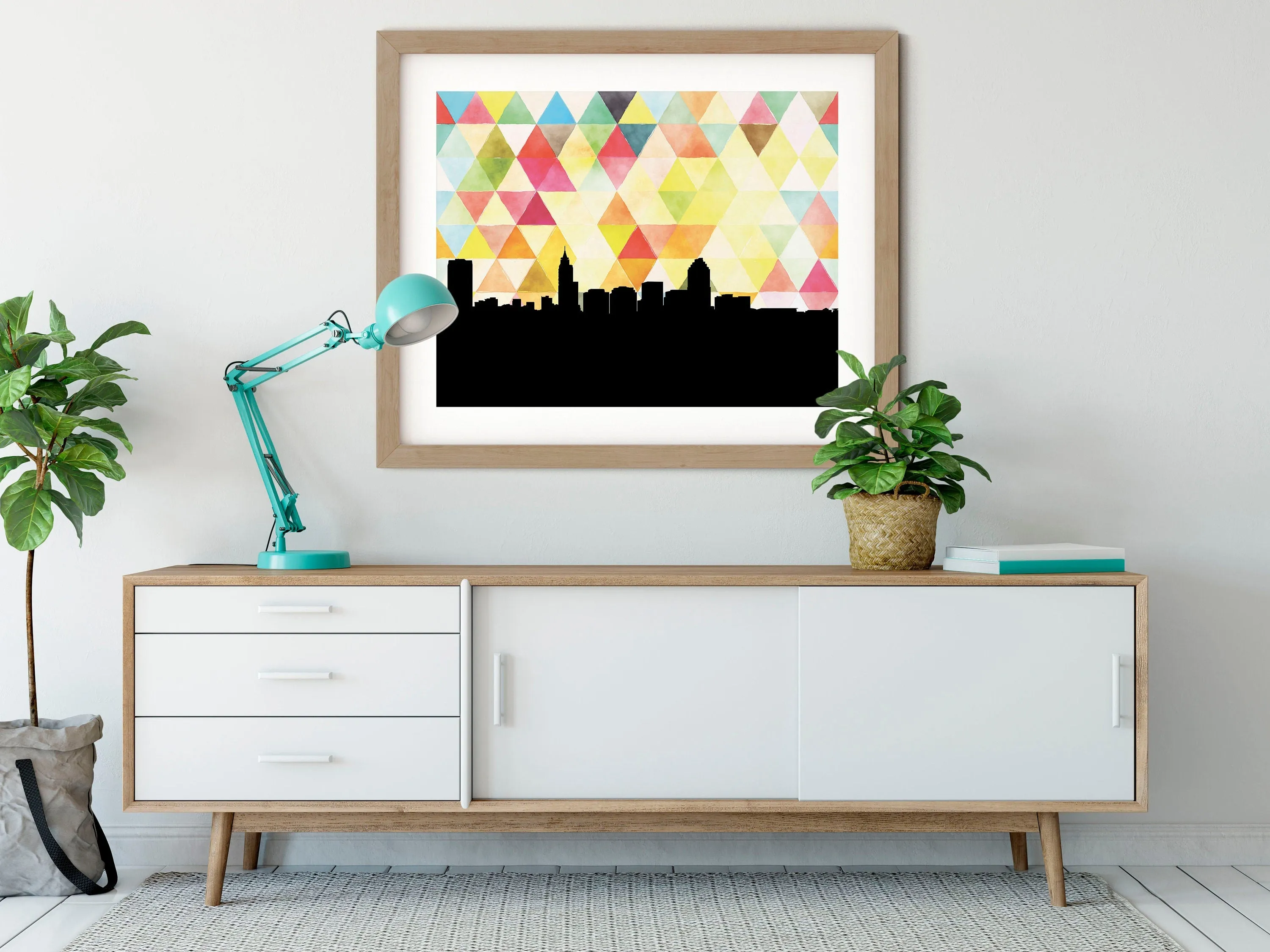 Raleigh NC Skyline Art Print: Red & White Geometric Background, Multiple Sizes and Framing Options Available