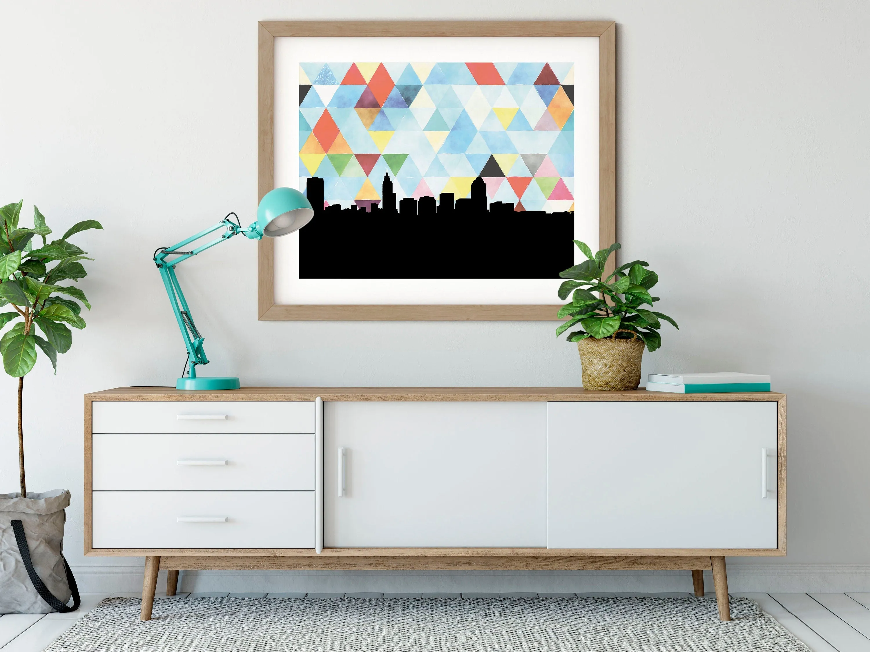 Raleigh NC Skyline Art Print: Red & White Geometric Background, Multiple Sizes and Framing Options Available