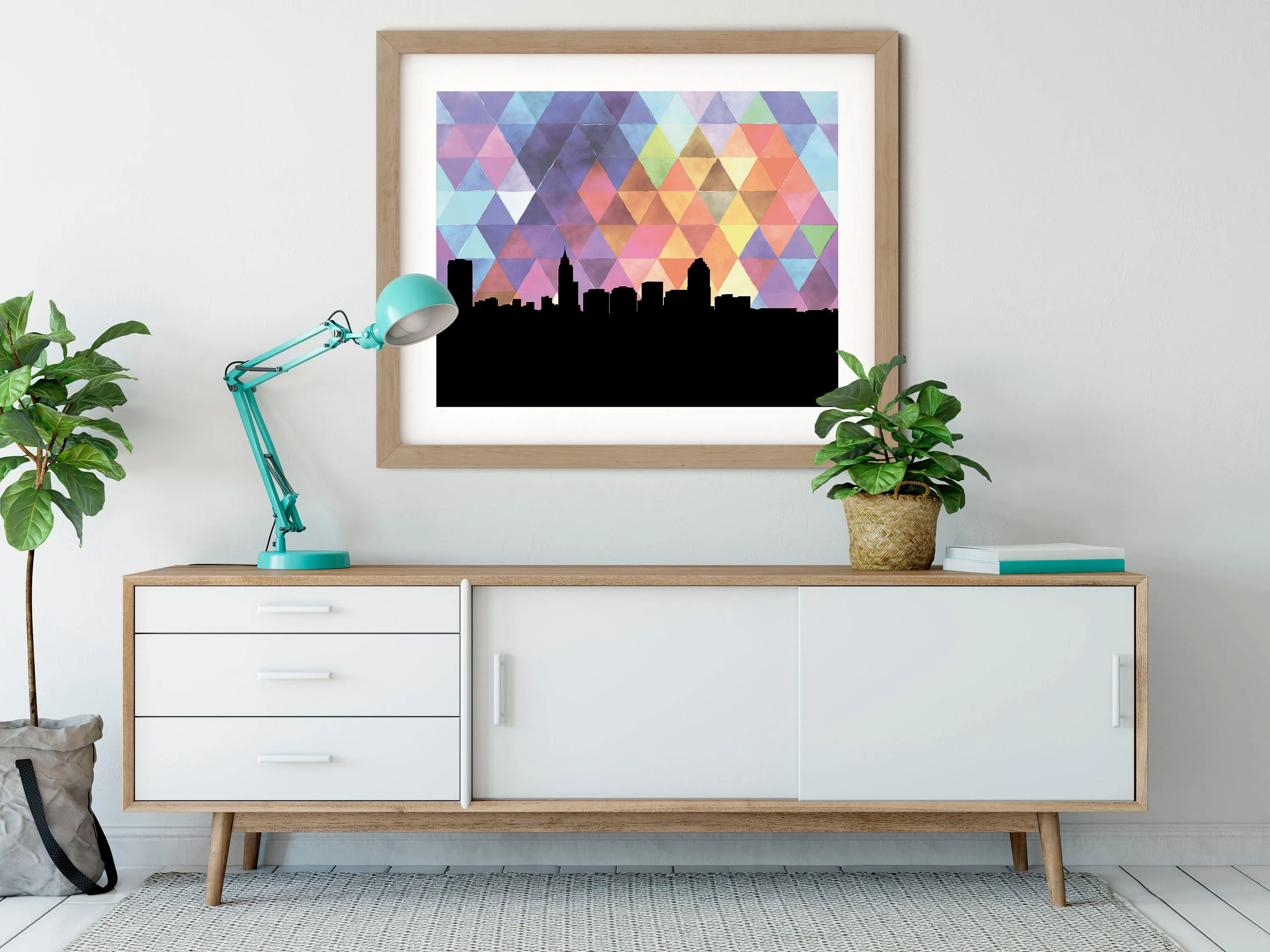 Raleigh NC Skyline Art Print: Red & White Geometric Background, Multiple Sizes and Framing Options Available