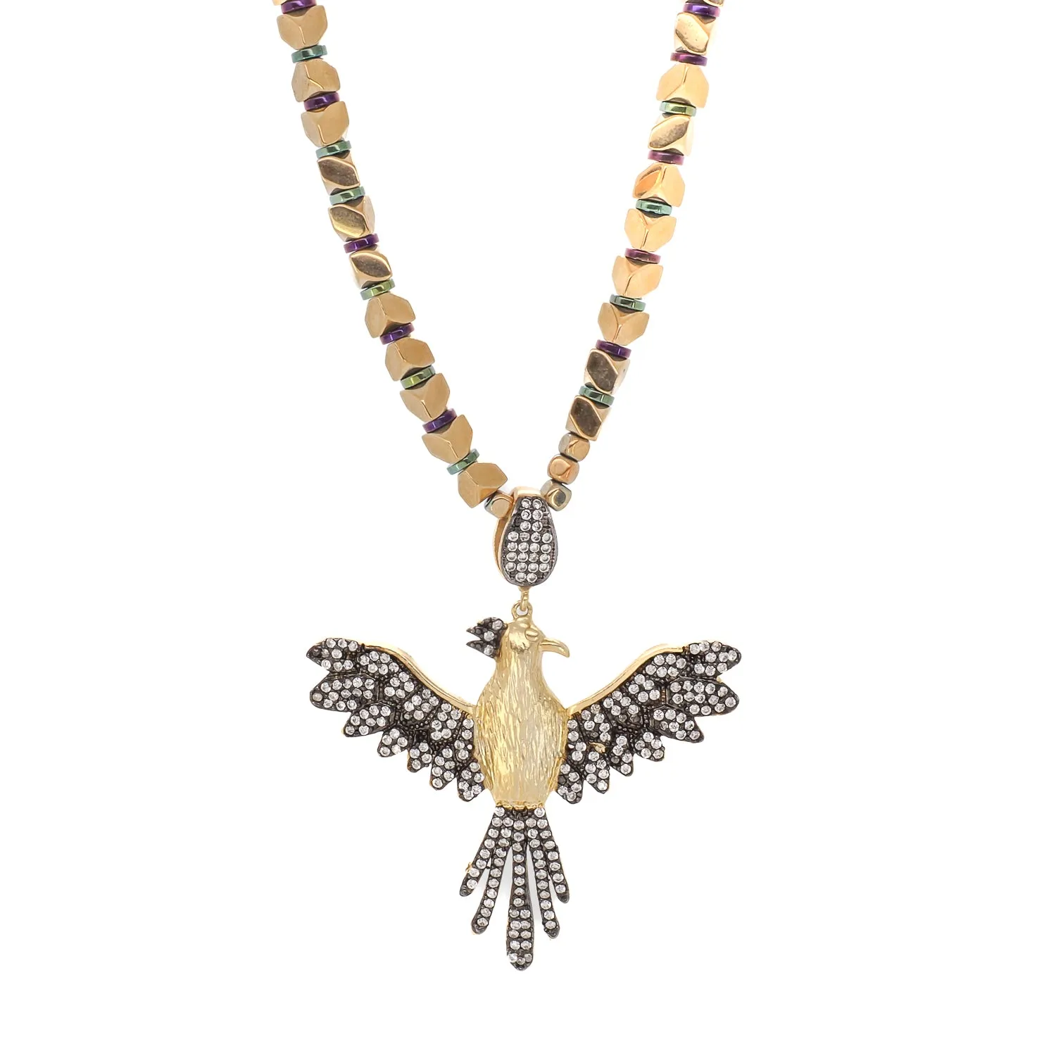 Rebirth & Eternity Diamond Phoenix Pendant Gold Hematite Stone Necklace