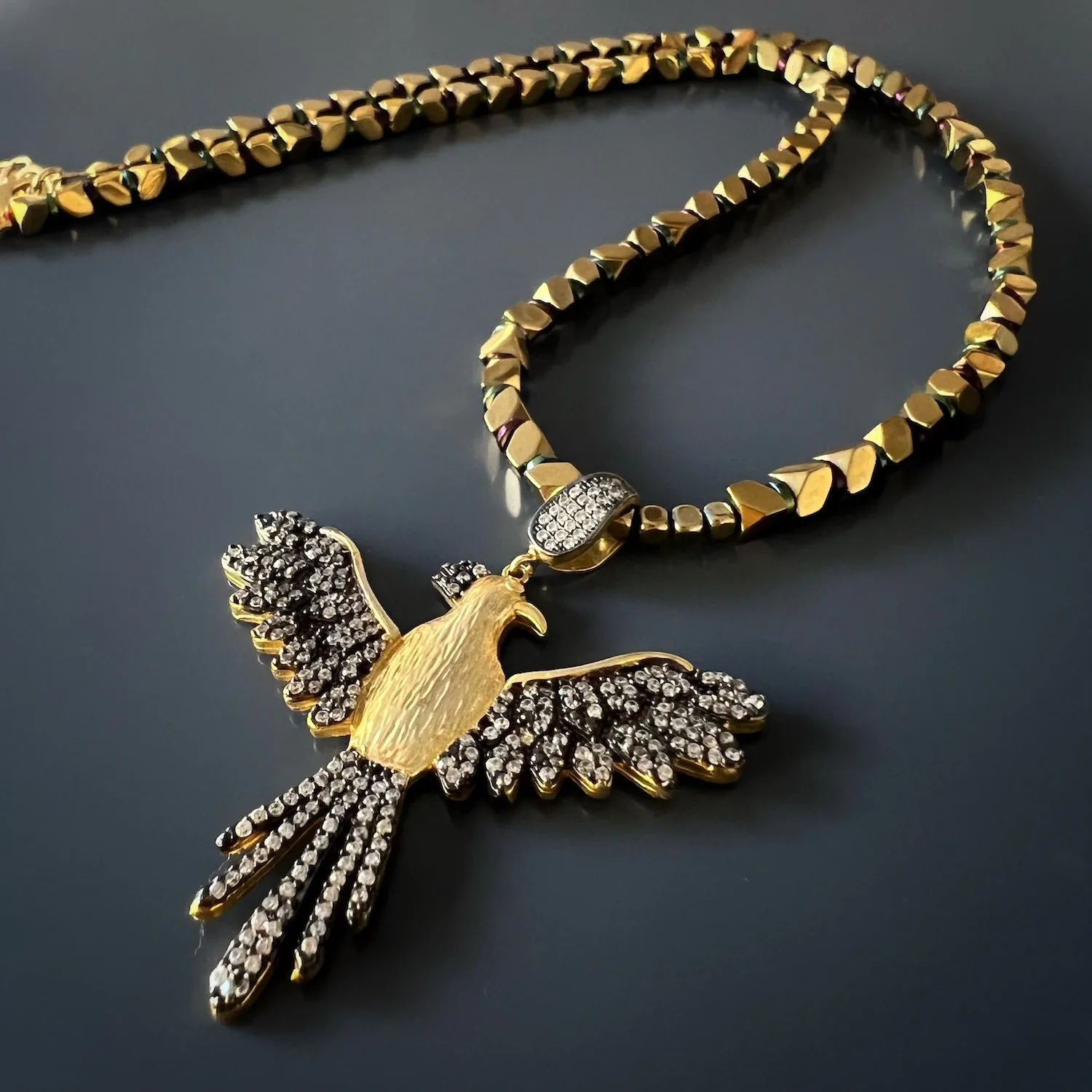 Rebirth & Eternity Diamond Phoenix Pendant Gold Hematite Stone Necklace