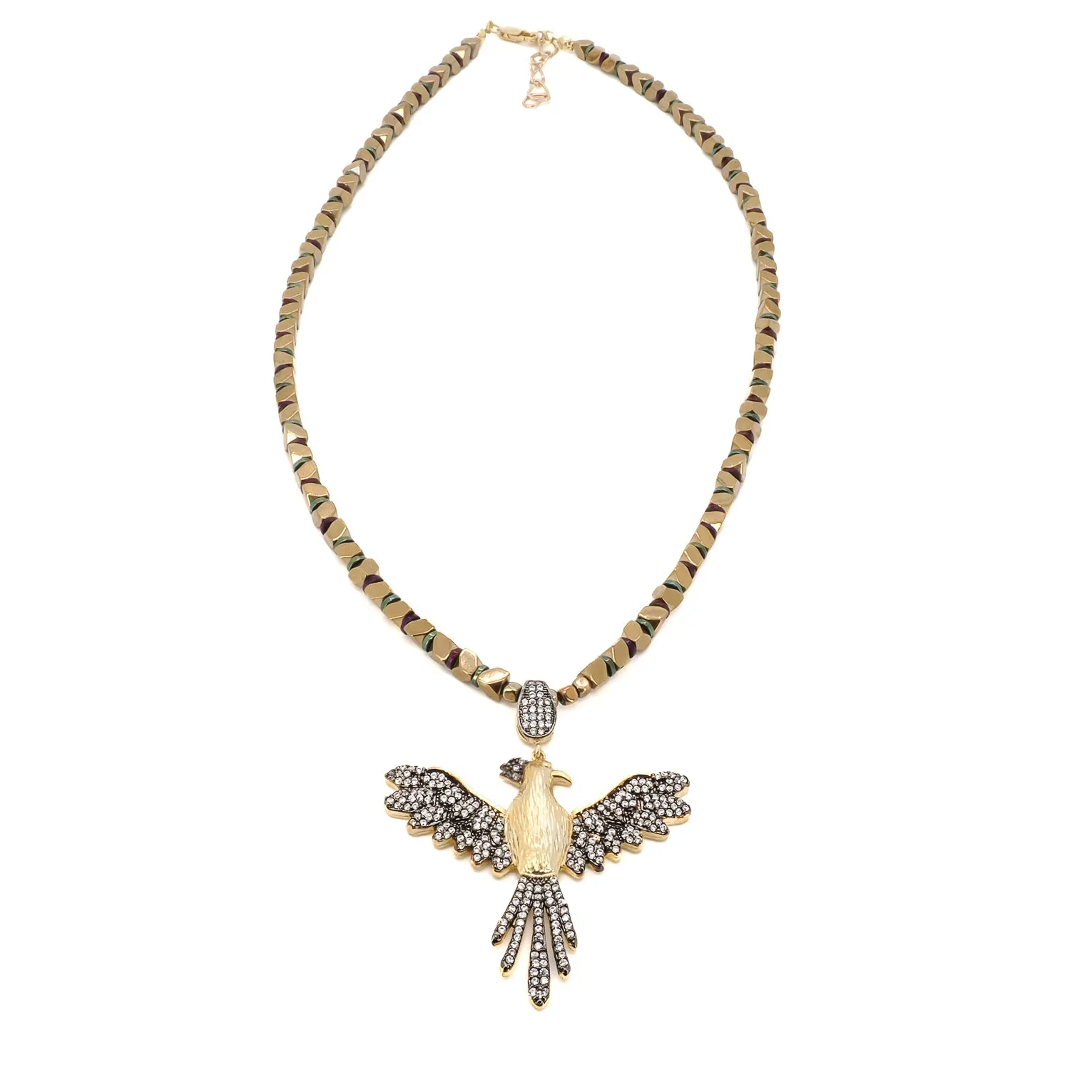Rebirth & Eternity Diamond Phoenix Pendant Gold Hematite Stone Necklace