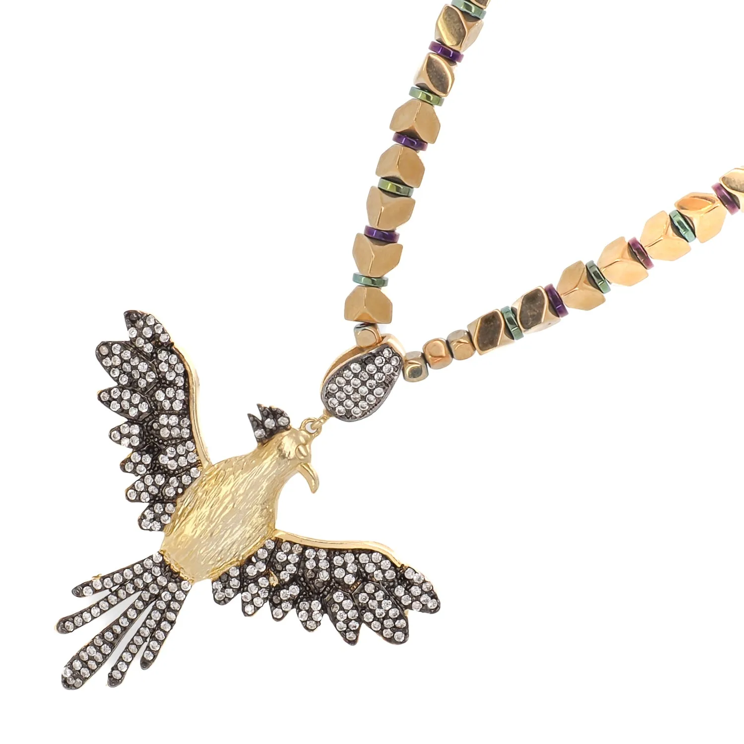 Rebirth & Eternity Diamond Phoenix Pendant Gold Hematite Stone Necklace