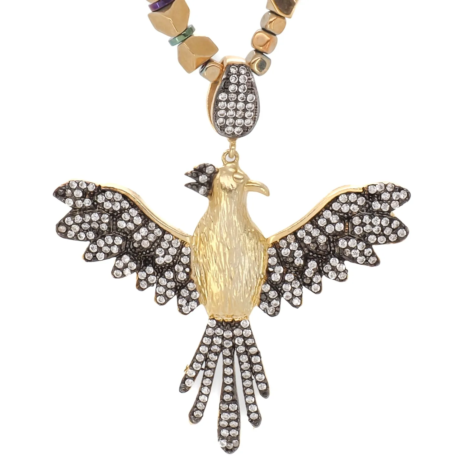 Rebirth & Eternity Diamond Phoenix Pendant Gold Hematite Stone Necklace