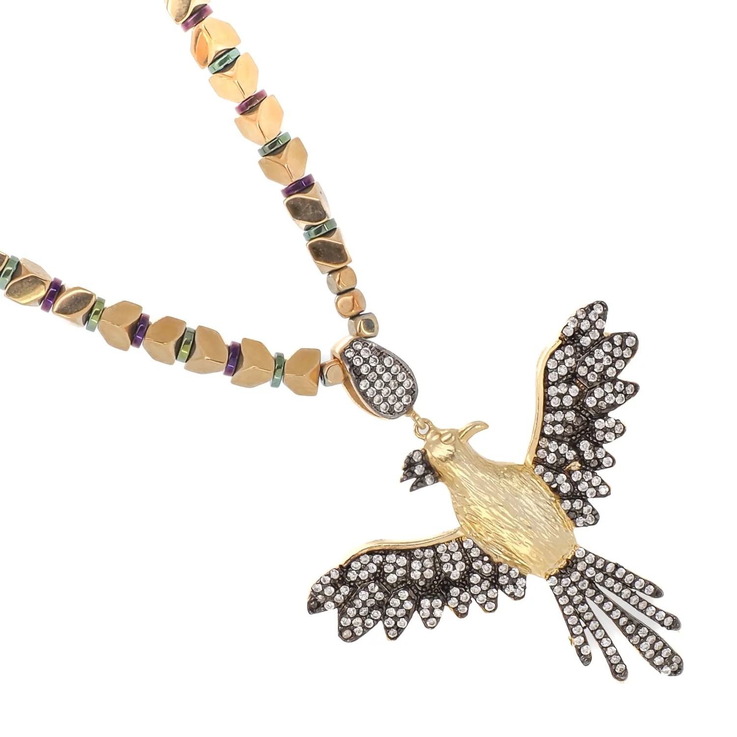 Rebirth & Eternity Diamond Phoenix Pendant Gold Hematite Stone Necklace