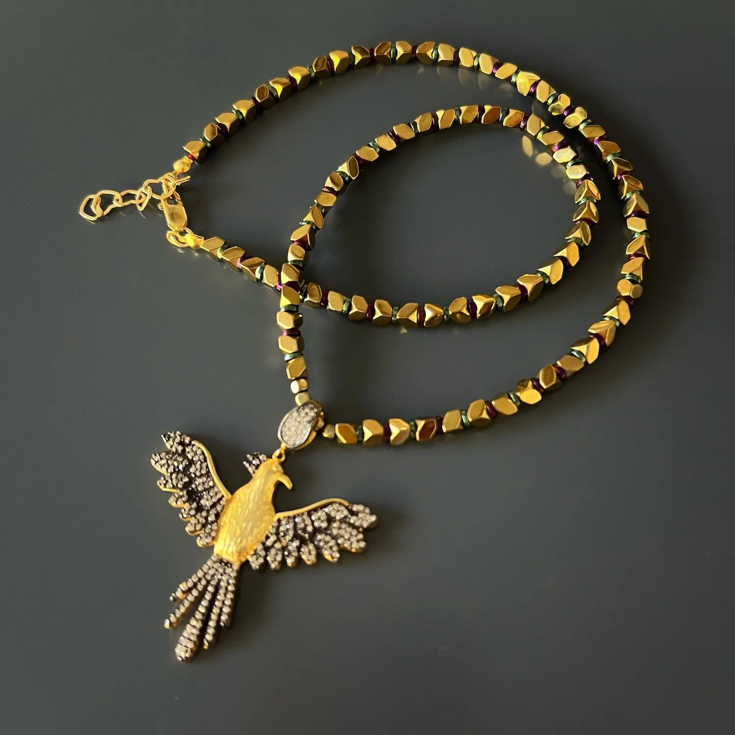 Rebirth & Eternity Diamond Phoenix Pendant Gold Hematite Stone Necklace