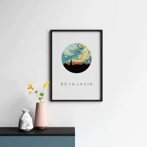 Reykjavik, Iceland city skyline with vintage Reykjavik map