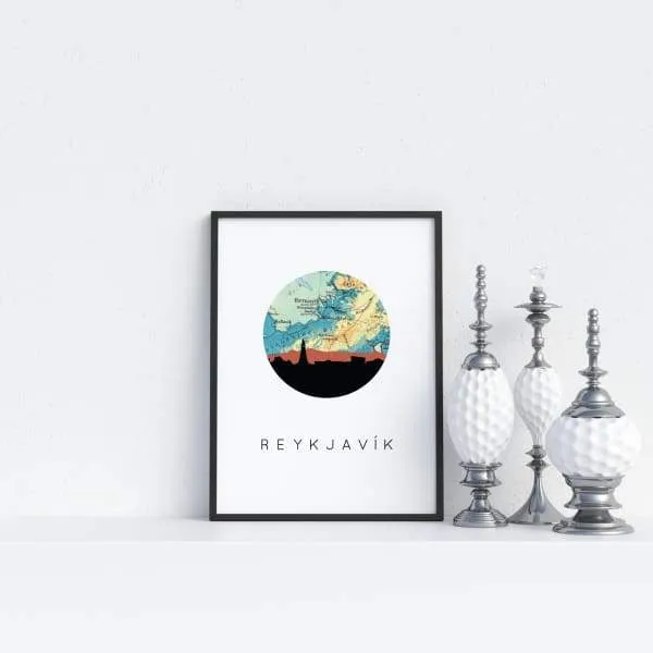 Reykjavik, Iceland city skyline with vintage Reykjavik map