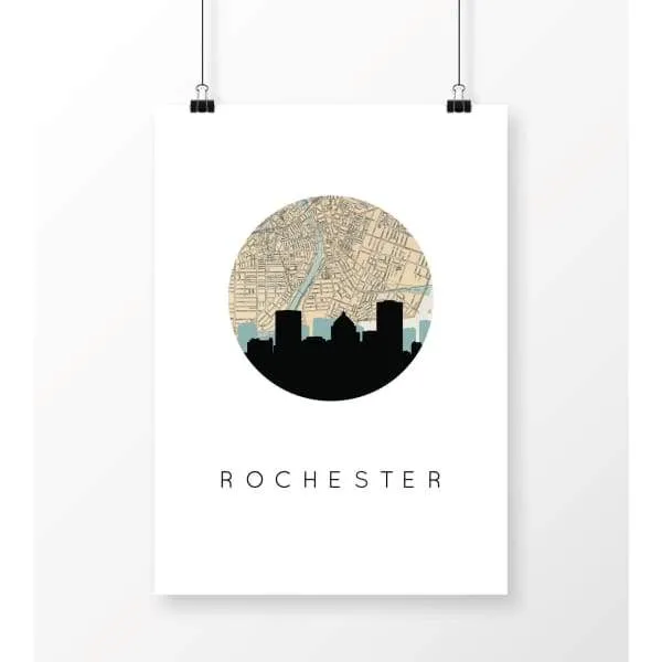 Rochester, New York city skyline with vintage Rochester map