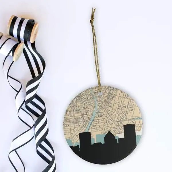 Rochester, New York city skyline with vintage Rochester map