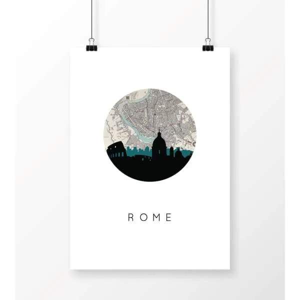 Rome city skyline with vintage Rome map