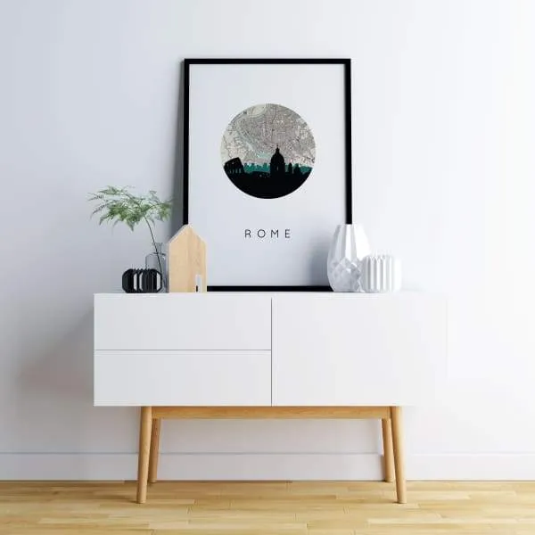 Rome city skyline with vintage Rome map